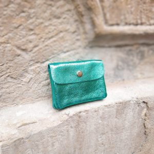 Portefeuille compact à fermeture éclair en cuir metallisé Petit format Turquoise